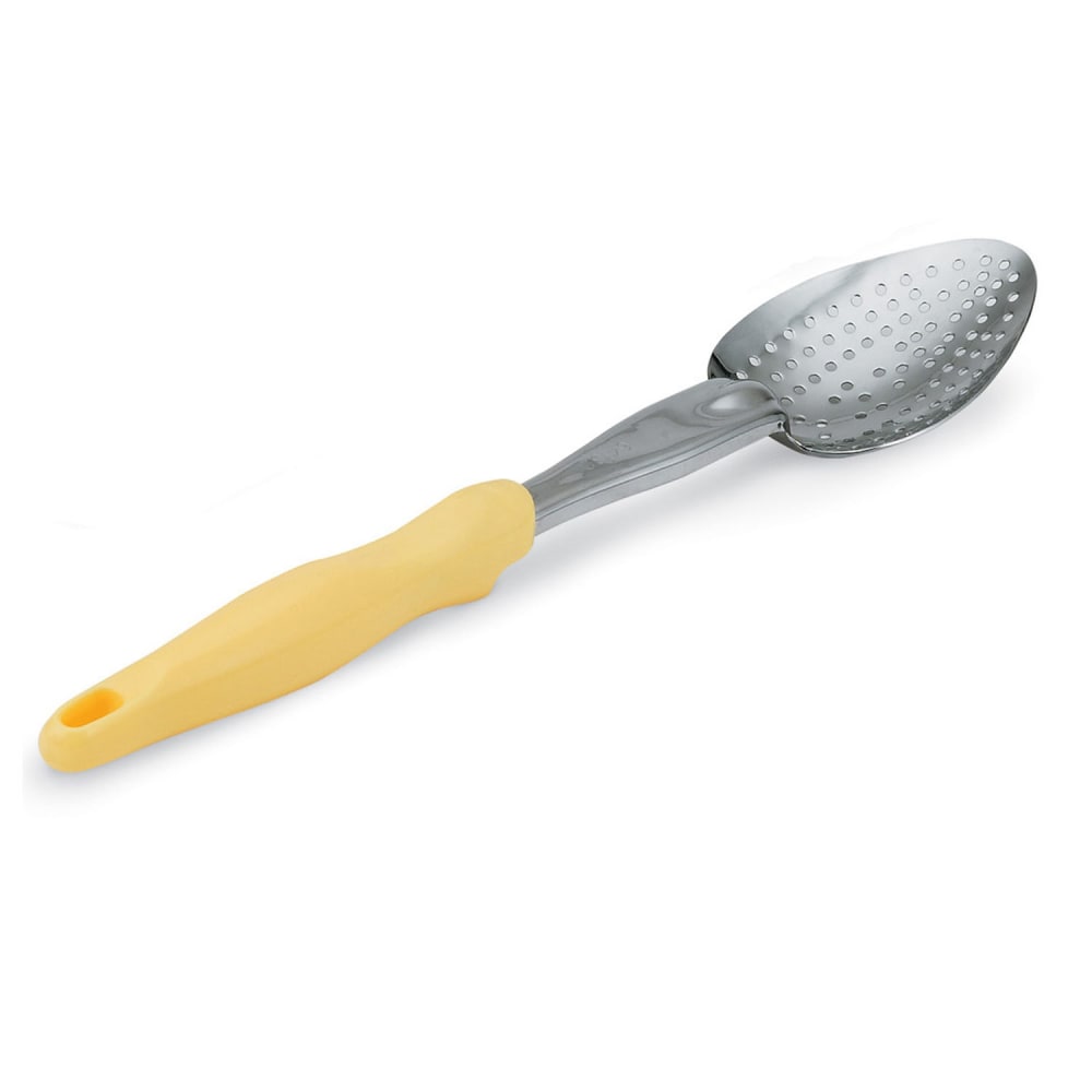 175-6414250 14" Heavy-Duty Perforated Spoon - Yellow Nylon Handle