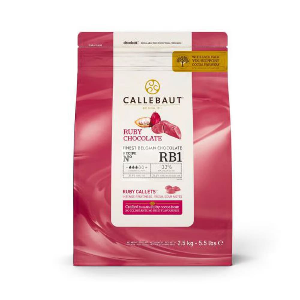 036-CHRR36RB12USU75C Callebaut® Belgian Ruby Chocolate Melts, Fountain Ready, 5 1/2 lb Bag