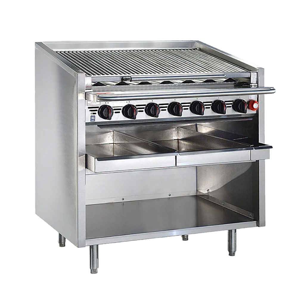455-F36RSCLP 36" Floor Model Gas Charbroiler w/ Coal Radiants - (7) Burners, Liquid Propane