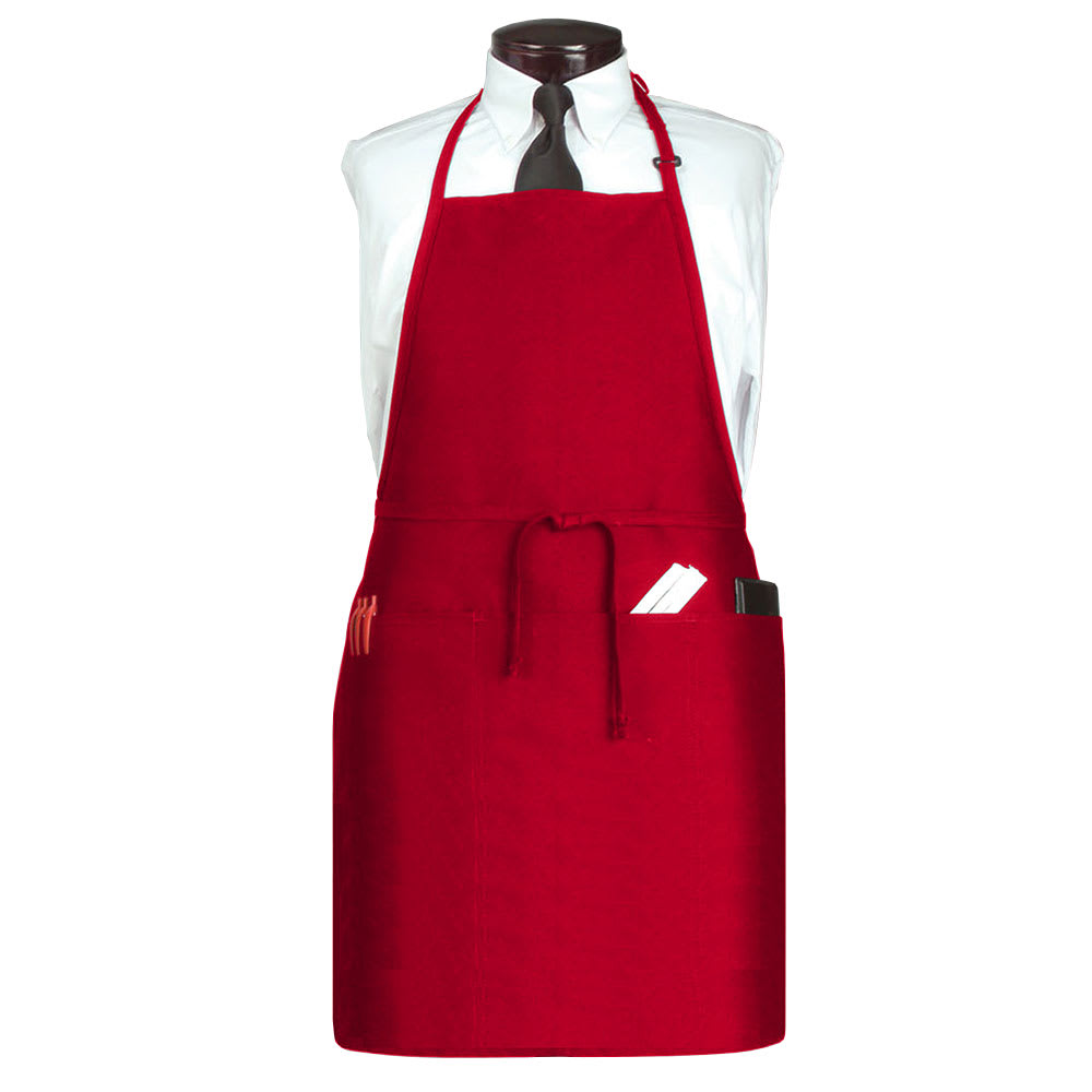 752-CL3PBIAELRD1 3 Pocket Bib Apron w/ Adjustable Neck strap - 26" x 31", Polyester, Re...