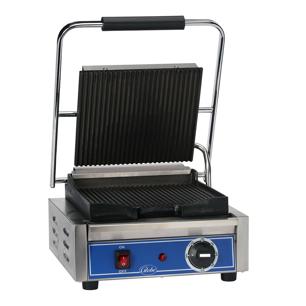 605-GPG10 Single Commercial Panini Press w/ Cast Iron Grooved Plates, 120v