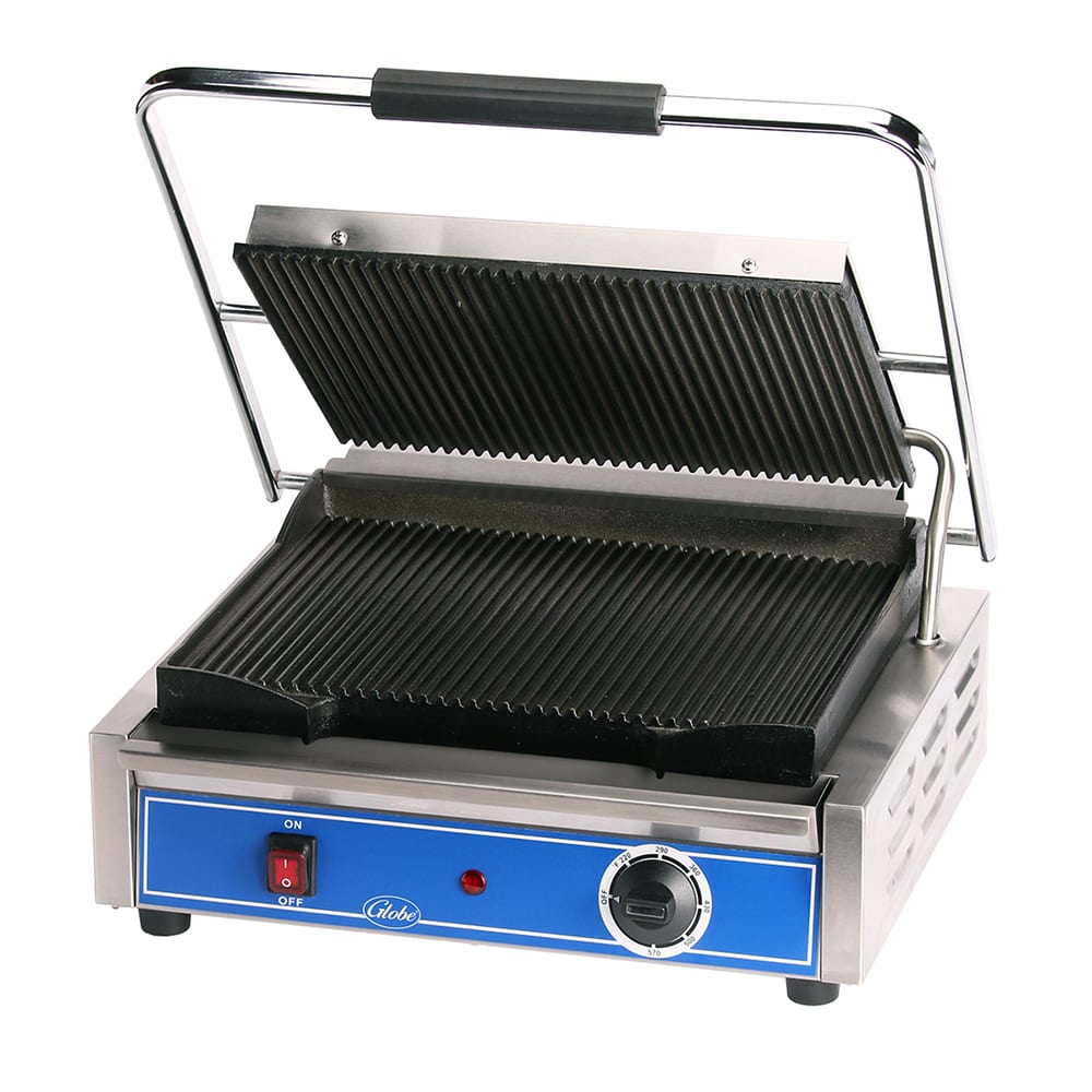605-GPG1410 Single Commercial Panini Press w/ Cast Iron Grooved Plates, 120v