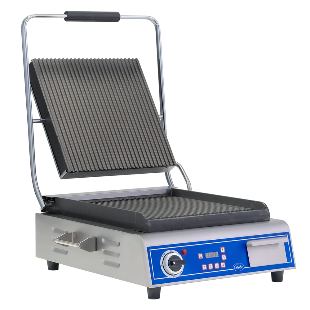 605-GPG14D Single Commercial Panini Press w/ Cast Iron Grooved Plates, 120v