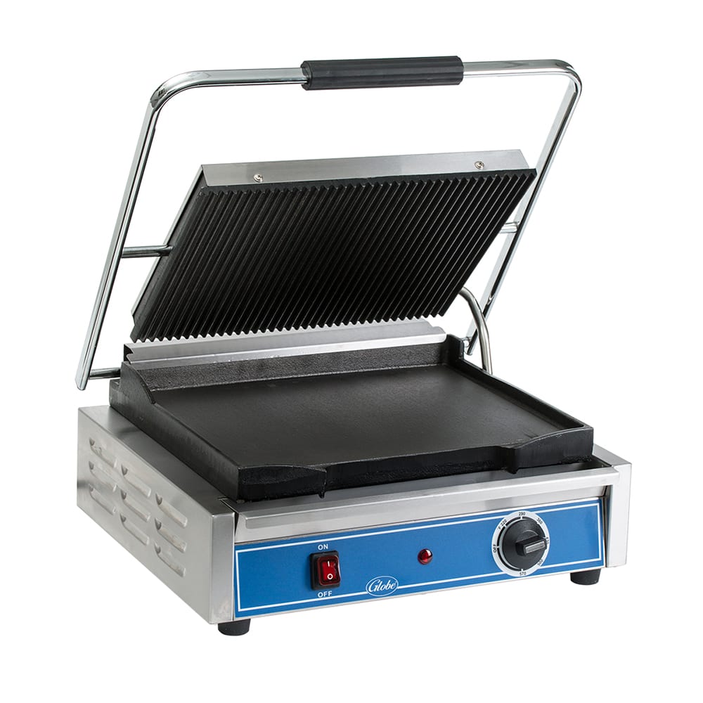 605-GPGS1410 Single Commercial Panini Press w/ Cast Iron Grooved & Smooth Plates, 120v
