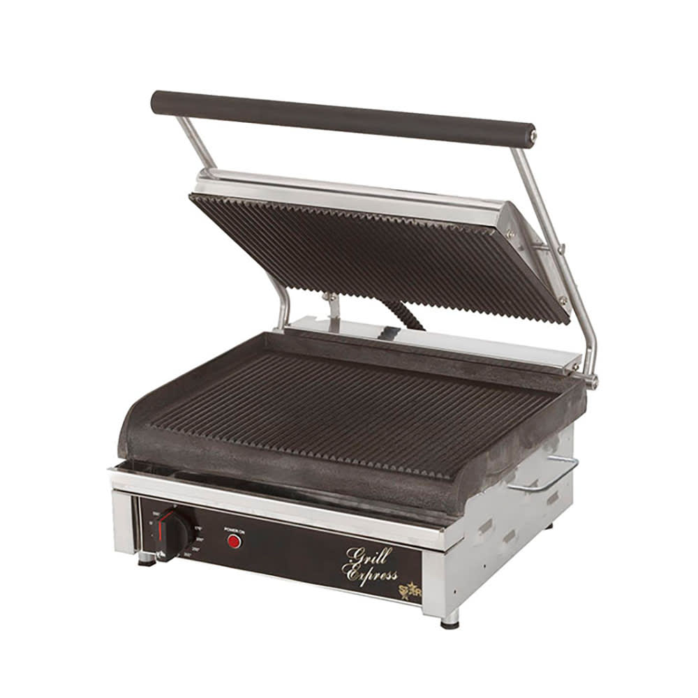 062-GX14IG Single Commercial Panini Press w/ Cast Iron Grooved Plates, 120v