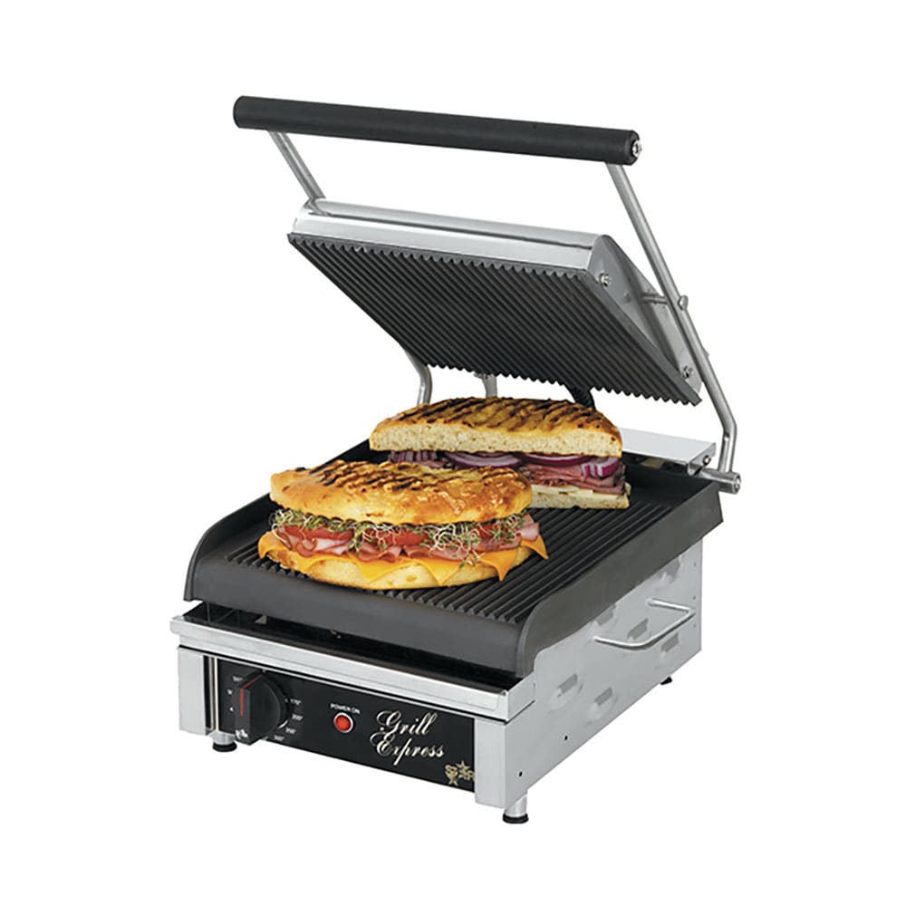 062-GX10IG Single Commercial Panini Press w/ Cast Iron Grooved Plates, 120v