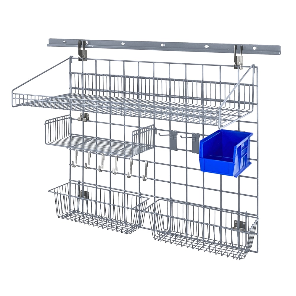 688-SGK4018364GYBL 40" Store Grid Wire Wall Mounted Shelf w/ Blue Bin, Gray