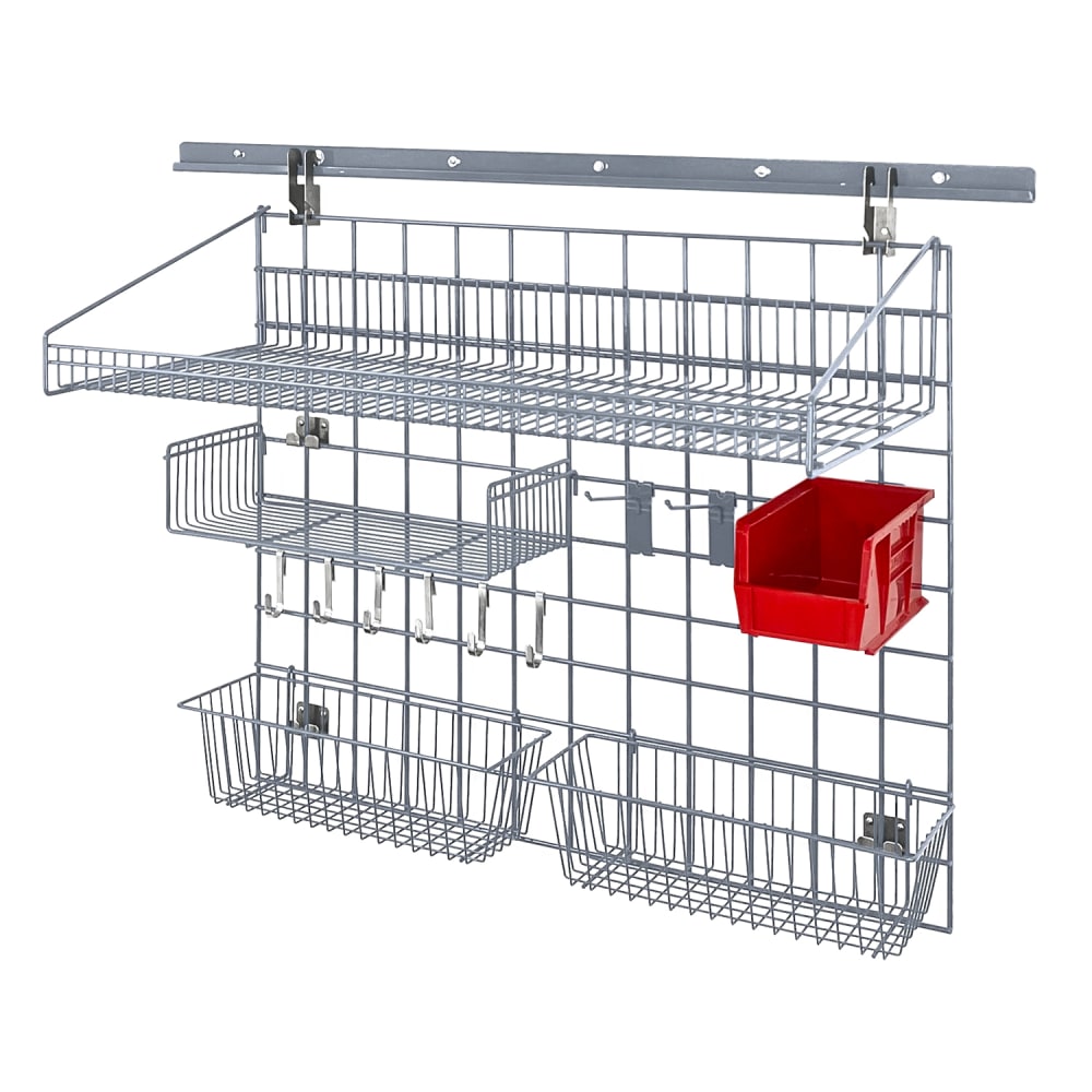 688-SGK4018364GYRD 40" Store Grid Wire Wall Mounted Shelf w/ Red Bin, Gray