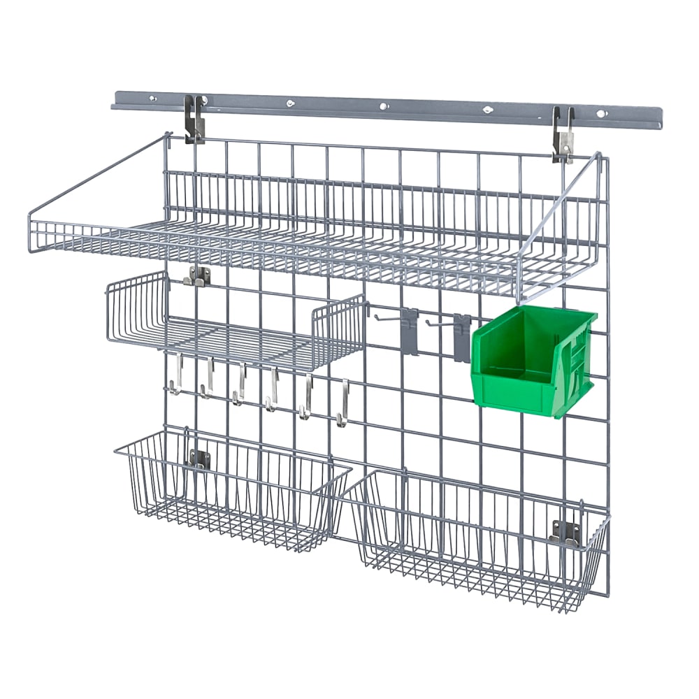 688-SGK4018364GYGN 40" Store Grid Wire Wall Mounted Shelf w/ Green Bin, Gray