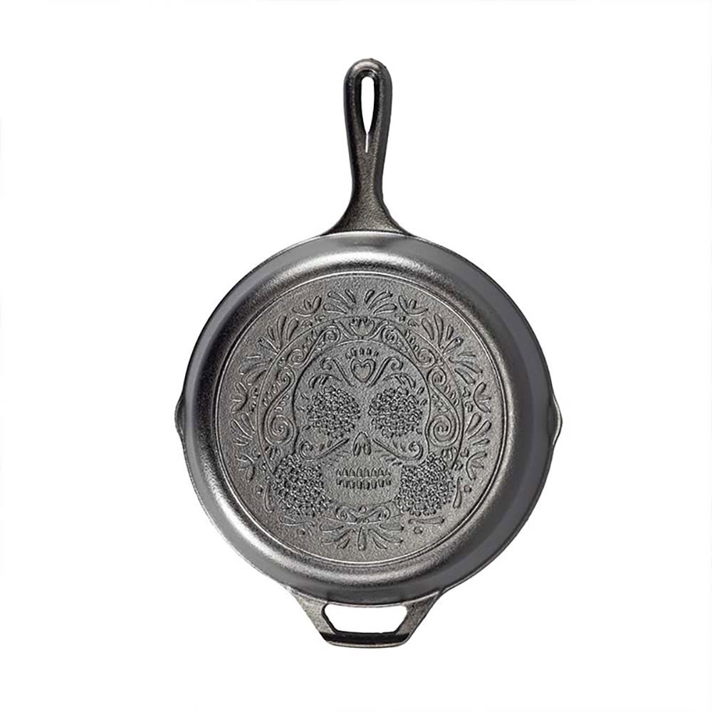 261-L8SKULL 10 1/4" Round Day of the Dead Seasoned Cast Iron Skillet w/ Handle, Sugar Skull