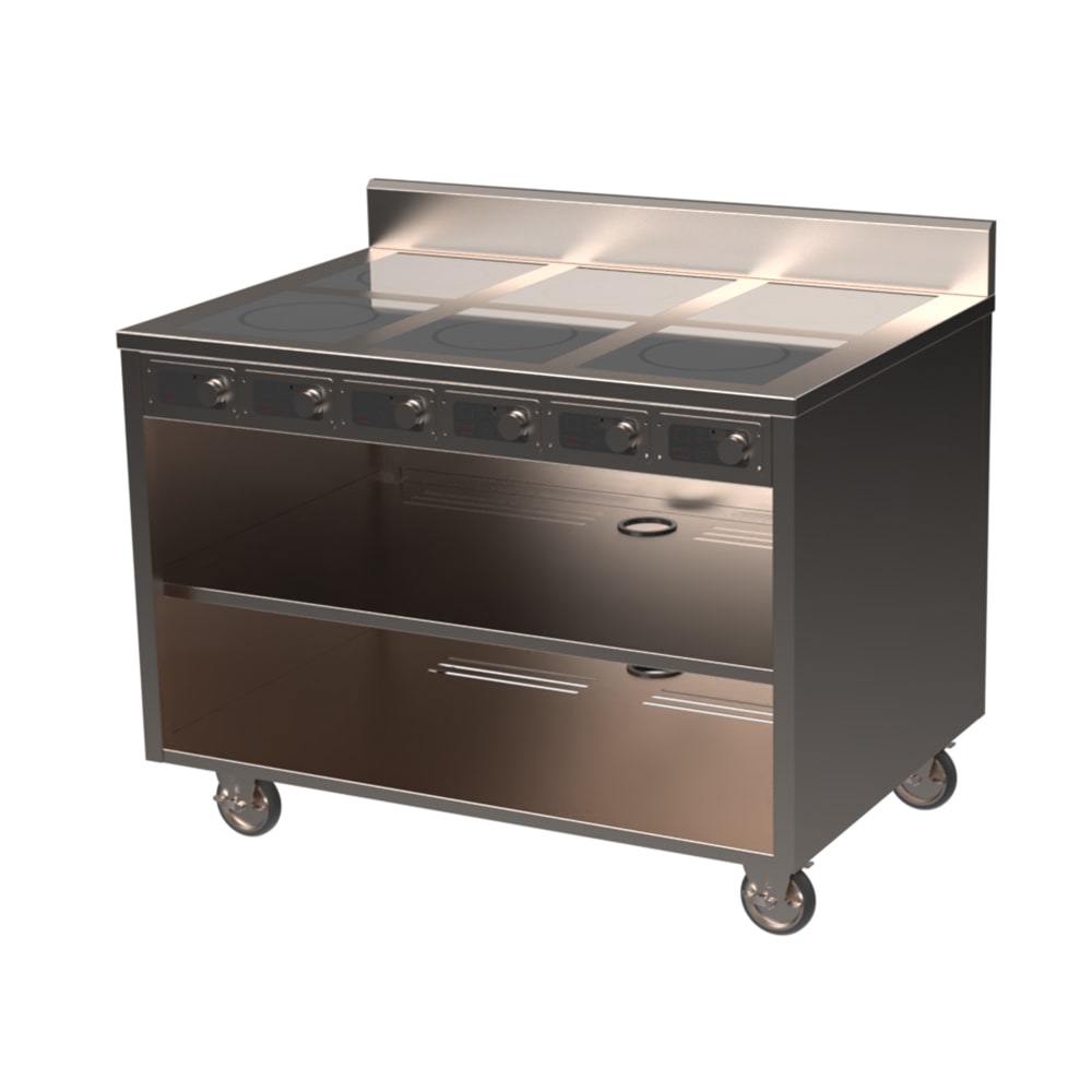 315-BOH1800C6 48" Mobile Cooking Cart w/ (6) Induction Burners, Silver