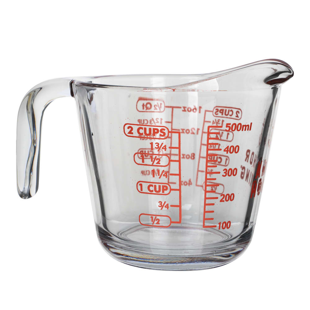 075-55177OL11 16 oz Open Handled Glass Measuring Cup w/ Red Lettering