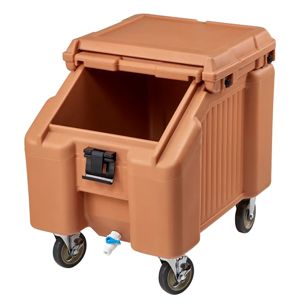144-ICS100L4S157 100 lb SlidingLid™ Insulated Mobile Ice Caddy - Plastic, Coffee Beige