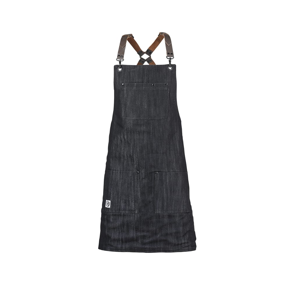 132-M63208DENBR Full Length Bib Apron w/ (5) Pockets - 30 1/2" x 25", Cotton, Black
