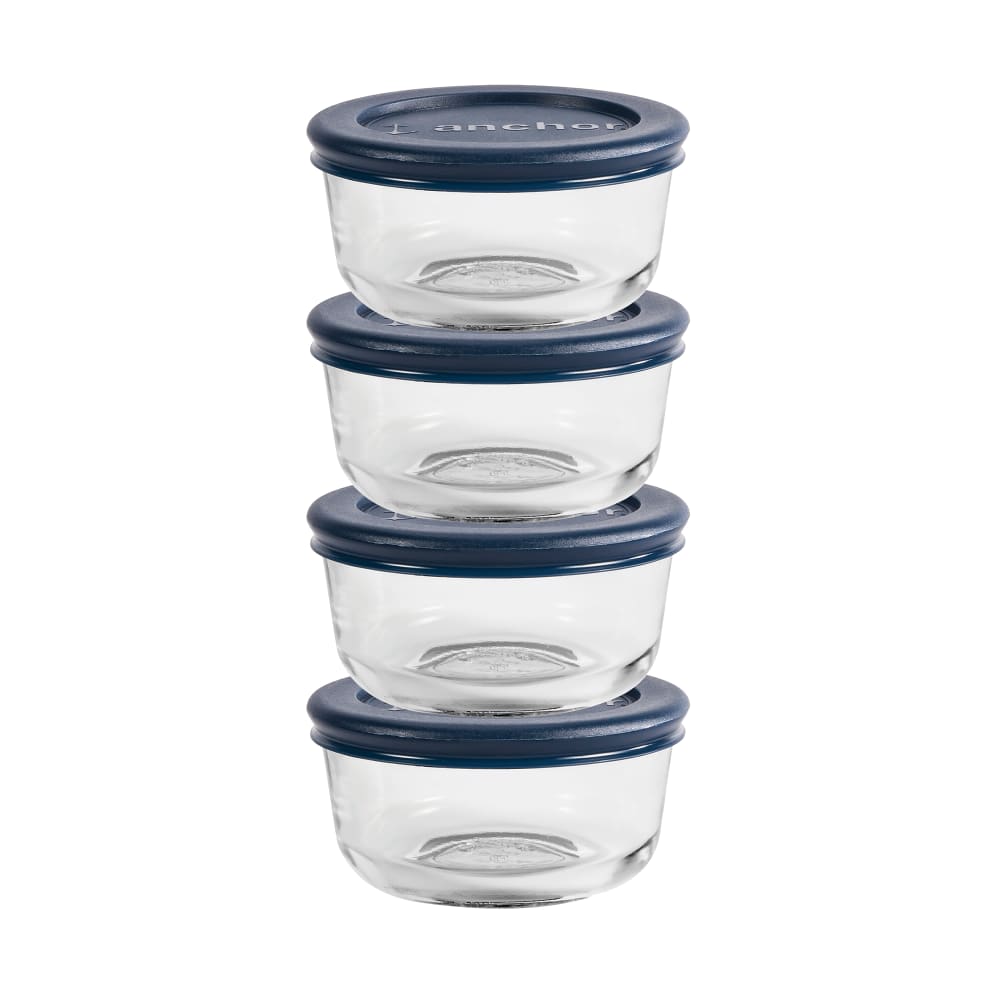 075-82628L11 8 Piece Round Kitchen Storage Containers w/ 1 Cup Capacity & Blue Plastic Lids