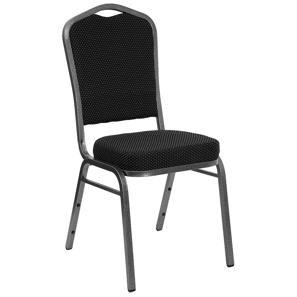 999-M007 Stacking Banquet Chair w/ Black Patterned Fabric Back & Seat - Steel Frame, Silver V...