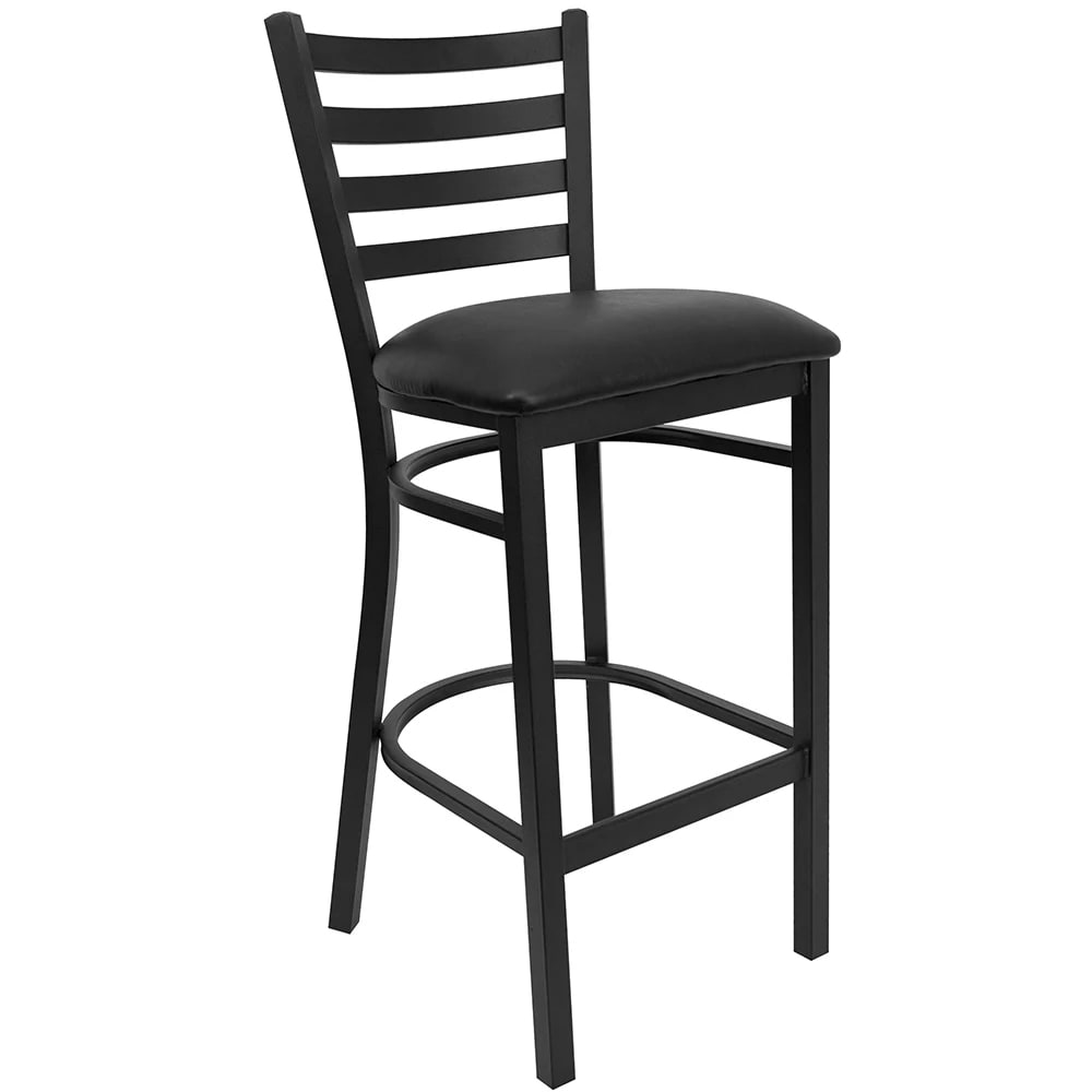 999-M038 Bar Stool w/ Black Powder Coated Steel Ladder Back, Black Vinyl Seat