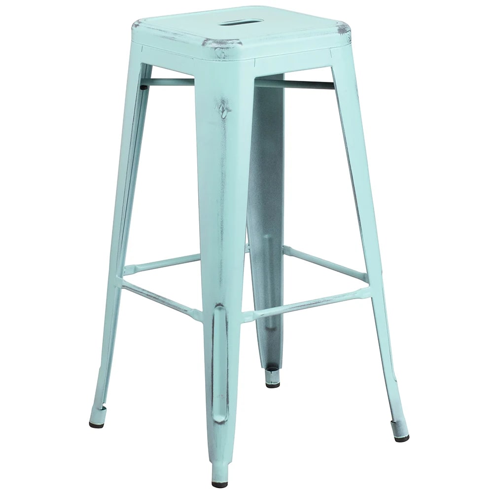 999-M036 Backless Bar Stool - Power Coated Steel, Distressed Green Blue