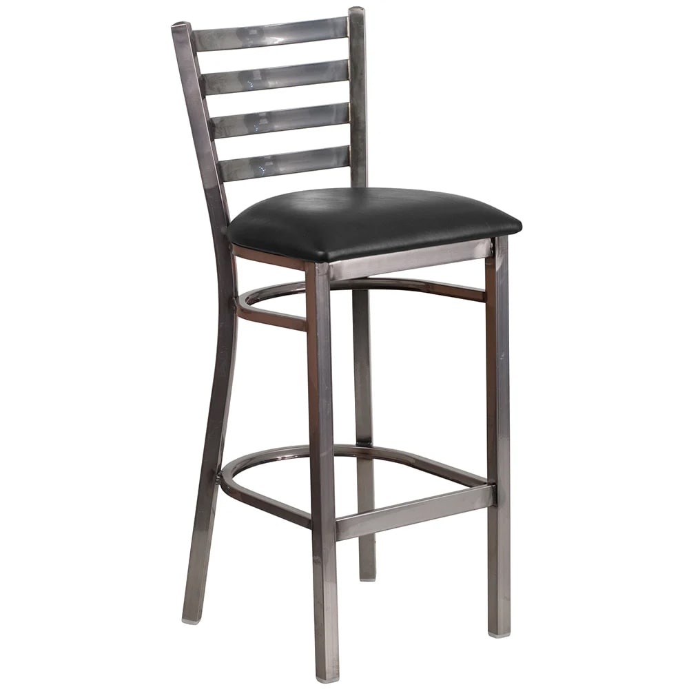 999-M024 Bar Stool w/ Metal Ladder Back & Black Vinyl Seat, Clear Coat Steel