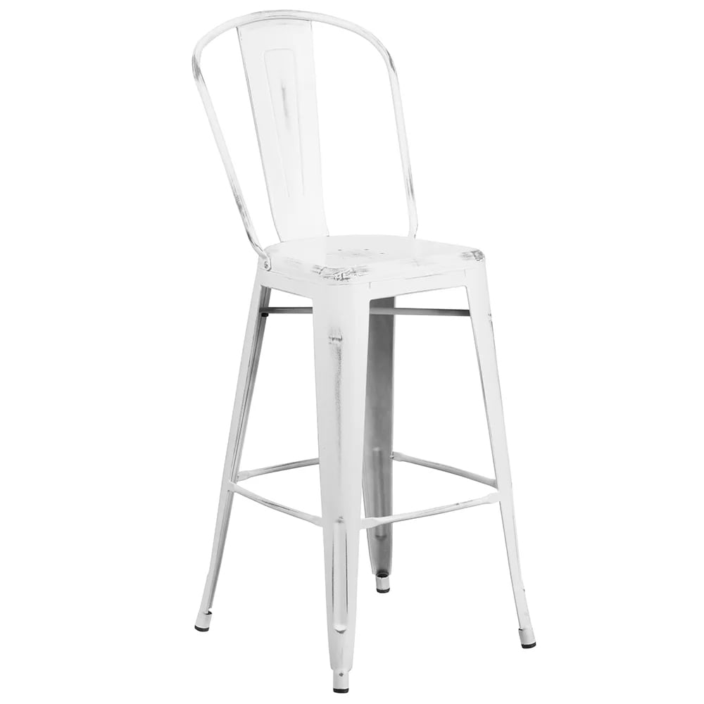 999-M064 Bar Stool w/ Curved Back & Metal Seat, Distressed White