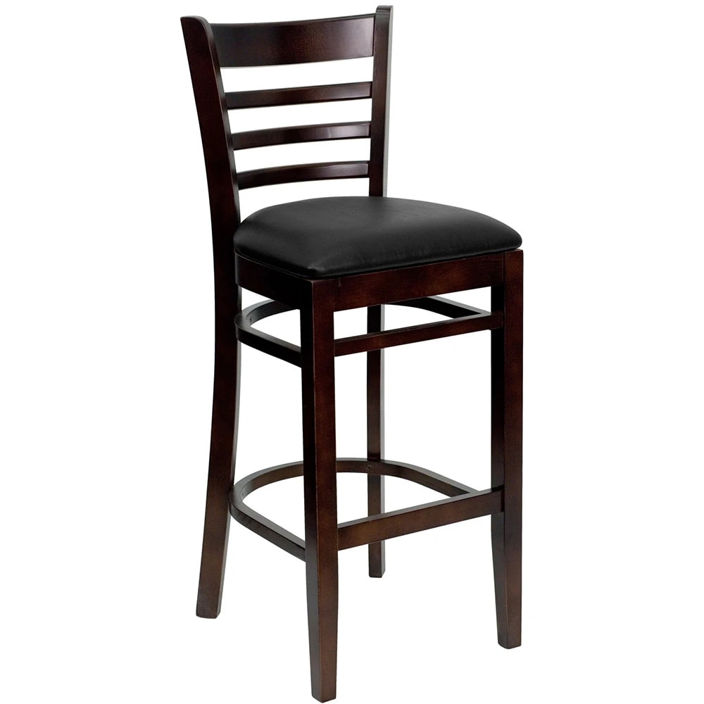999-M083 Bar Stool w/ Ladder Back & Black Vinyl Seat, Walnut