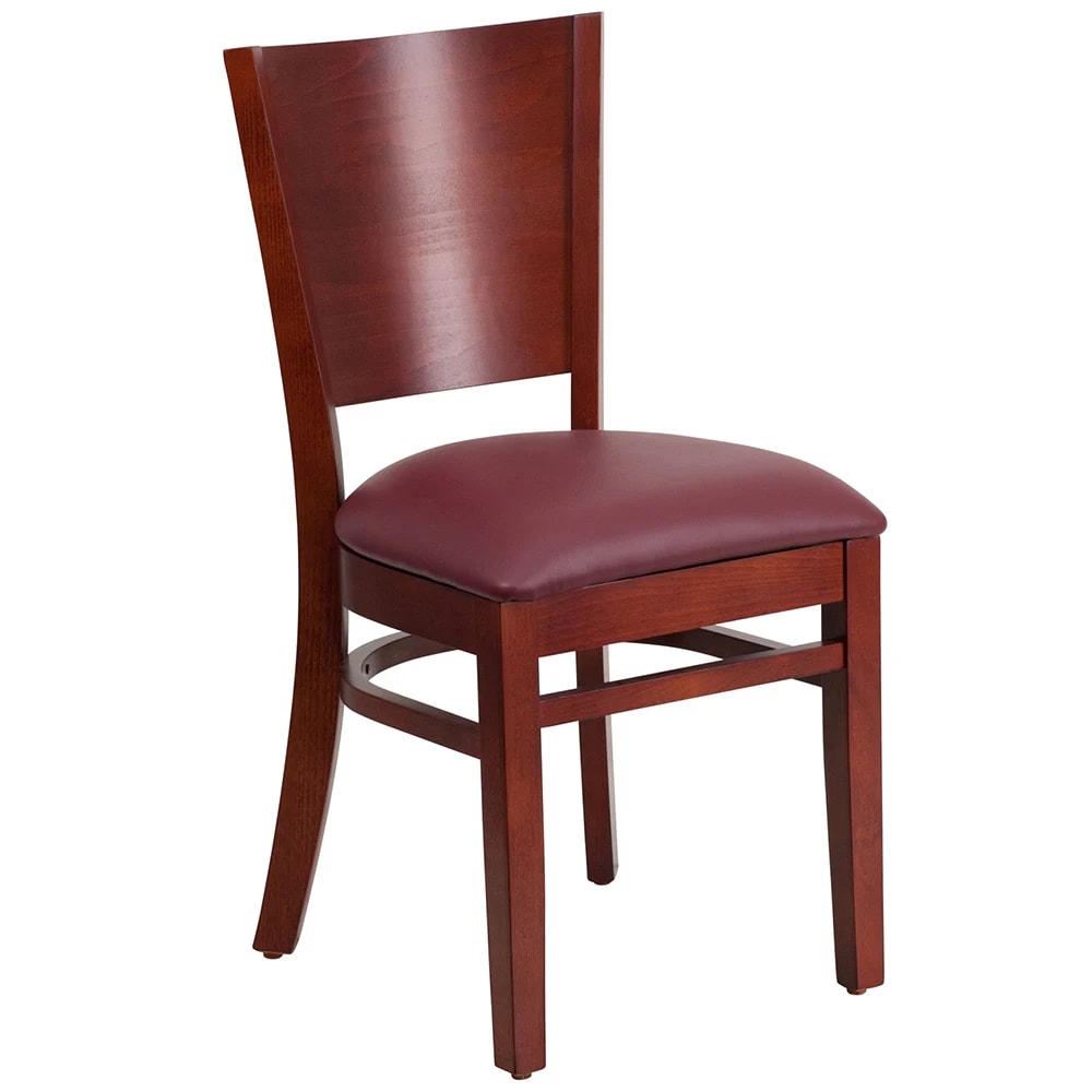 999-M041 Restaurant Chair w/ Solid Back & Burgundy Vinyl Seat - Beechwood Frame, Mahogany Fin...