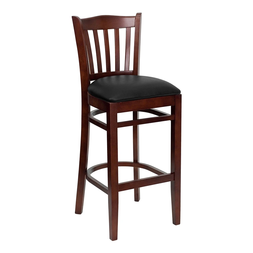 999-M125 Bar Stool w/ Vertical Slat Back & Black Vinyl Seat, Mahogany