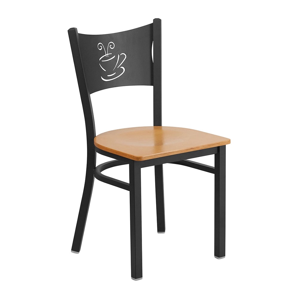 999-M111 Restaurant Chair w/ Coffee Cutout Back & Natural Wood Seat - Steel Frame, Black