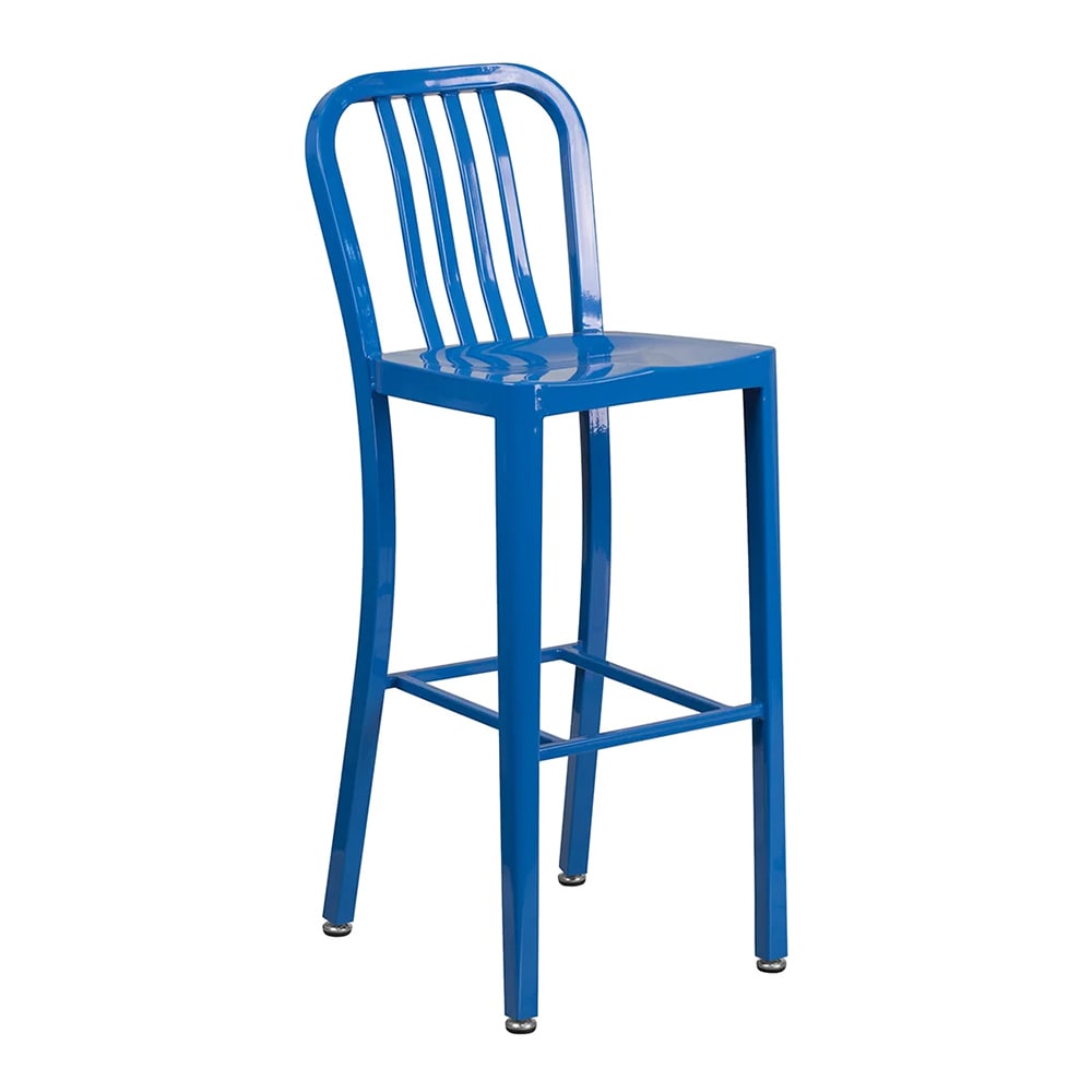 999-M117 Bar Stool w/ Vertical Slat Back - Powder Coated Steel, Blue