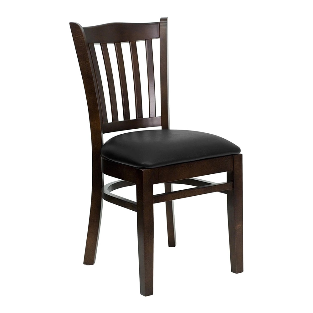 999-M073 Restaurant Chair w/ Vertical Slat Back & Black Vinyl Seat - Beechwood, Walnut Finish