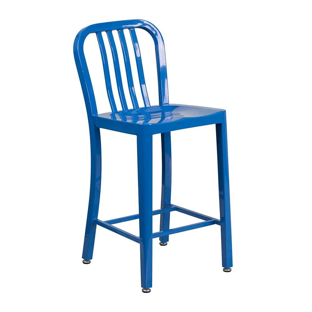 999-M198 Counter Height Bar Stool w/ Vertical Slat Back - Powder Coated Steel, Blue
