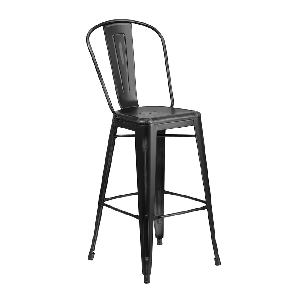 999-M213 Bar Stool w/ Curved Back & Metal Seat, Distressed Black
