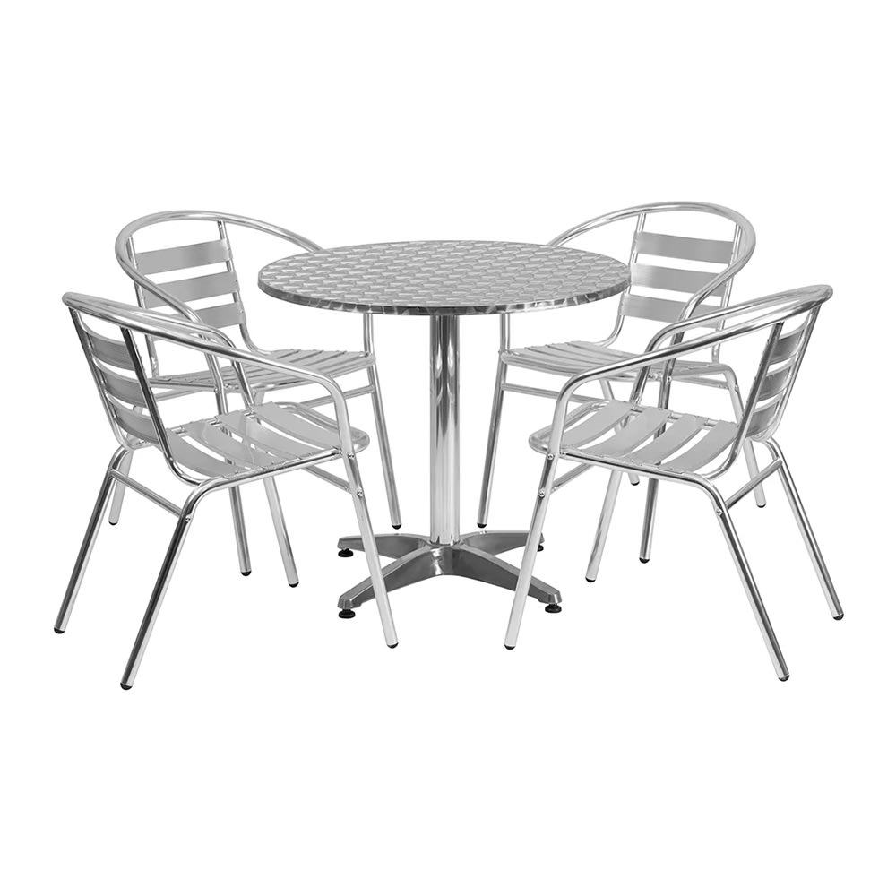 999-M188 31 1/2" Round Patio Table & (4) Arm Chair Set - Stainless Steel Top, Aluminum B...