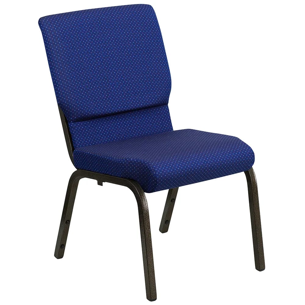 999-M027 Stacking Church Chair w/ Navy Blue Dot Fabric Back & Seat - Steel Frame, Gold Vein