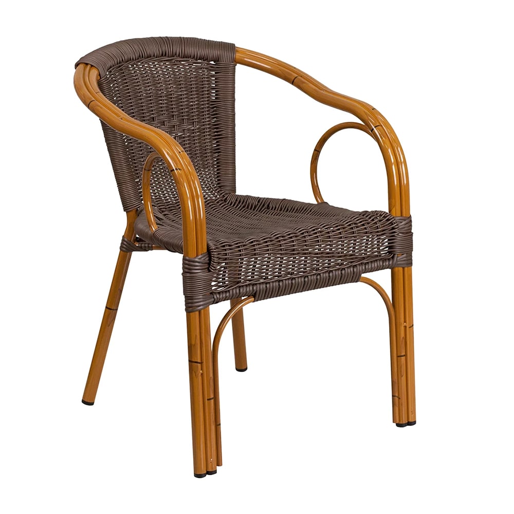 999-M135 Cadiz Outdoor Stacking Armchair - Dark Brown Rattan Seat & Back, Red Bamboo Aluminum...