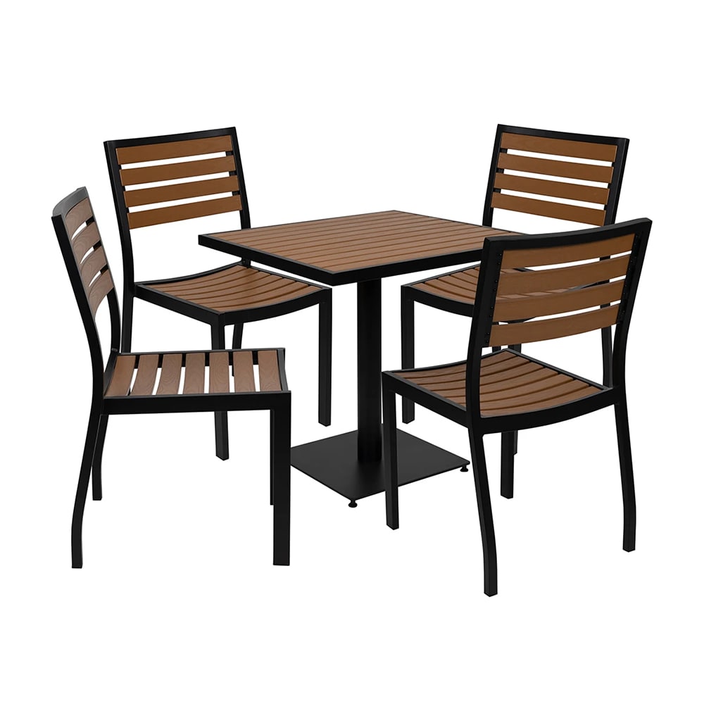 999-M171 Outdoor Patio Table and (4) Chair Set - Brown Resin Wood w/ Black Metal Frame