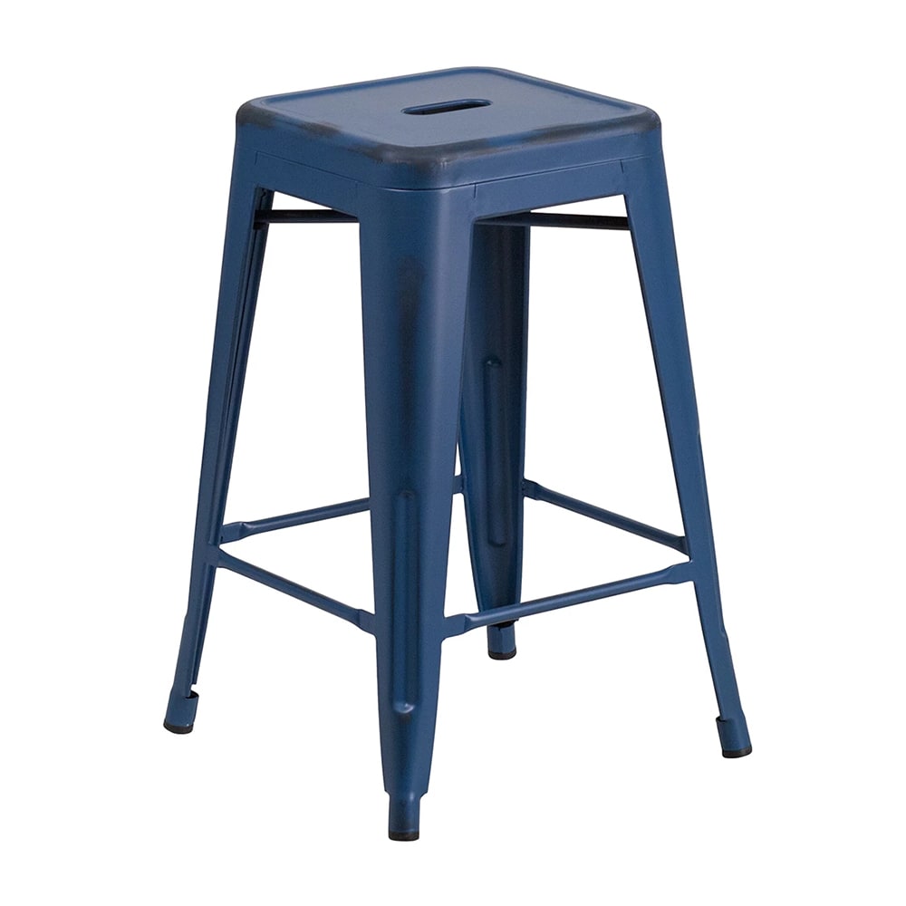 999-M187 Counter Height Backless Bar Stool w/ Metal Seat, Antique Blue