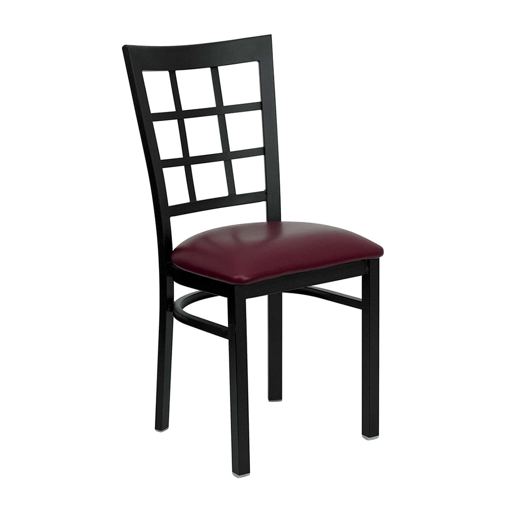 999-M172 Restaurant Chair w/ Window Pane Back & Burgundy Vinyl Seat - Steel Frame, Black