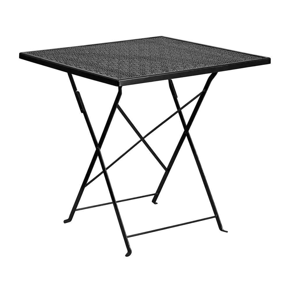 999-M102 28" Square Folding Patio Table - Black Powder Coated Steel w/ Rain Flower Design