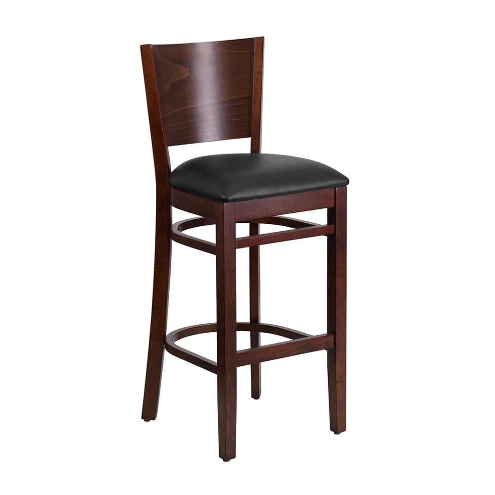 999-M178 Bar Stool w/ Solid Back & Black Vinyl Seat, Walnut