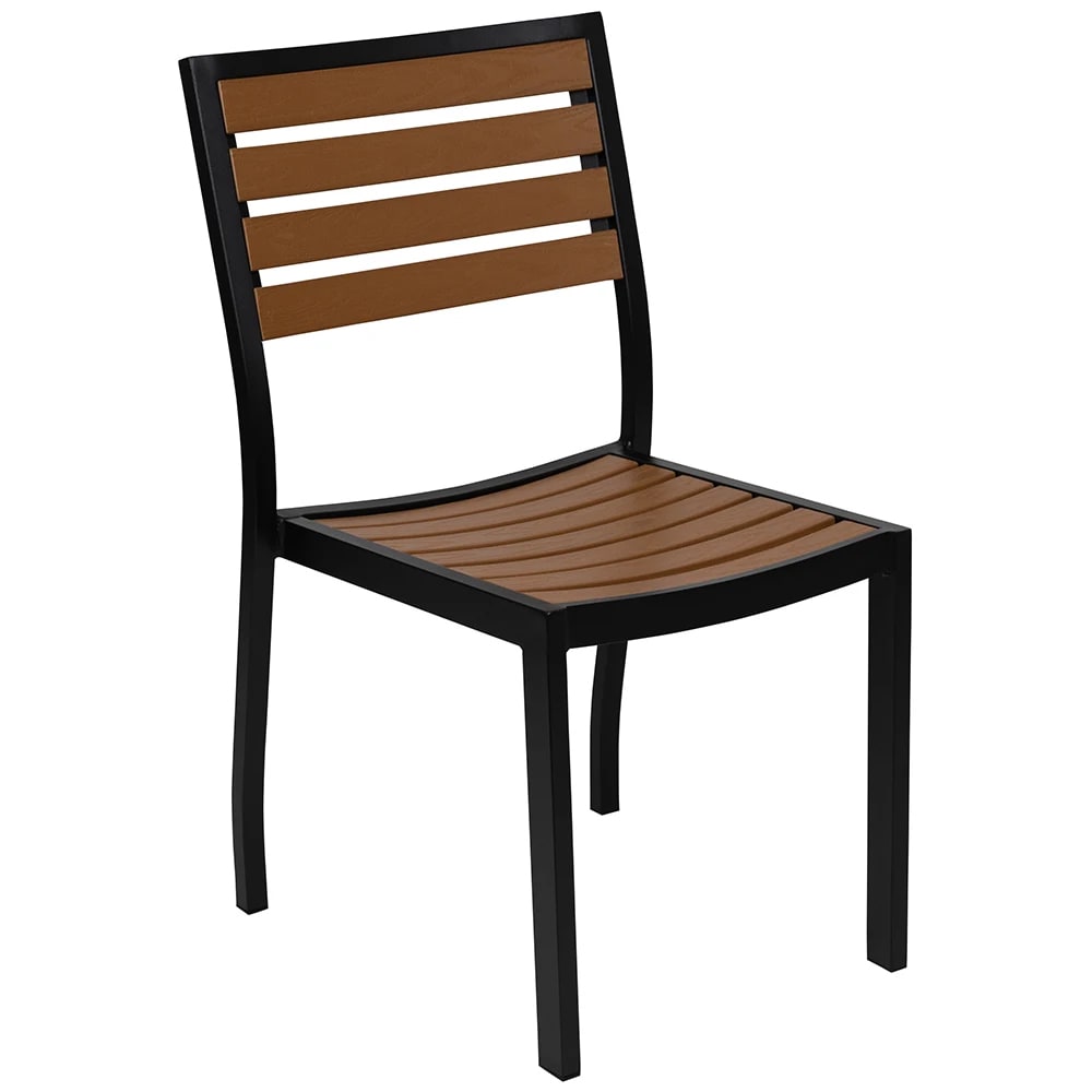 999-M061 Outdoor Stacking Side Chair w/ Horizontal Slat Back - Brown Faux Wood, Black Aluminum Fr...