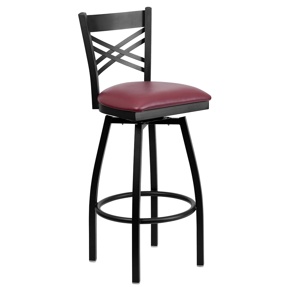 999-M098 Bar Stool w/ Black Powder Coated Steel Cross Back, Burgundy Vinyl Seat