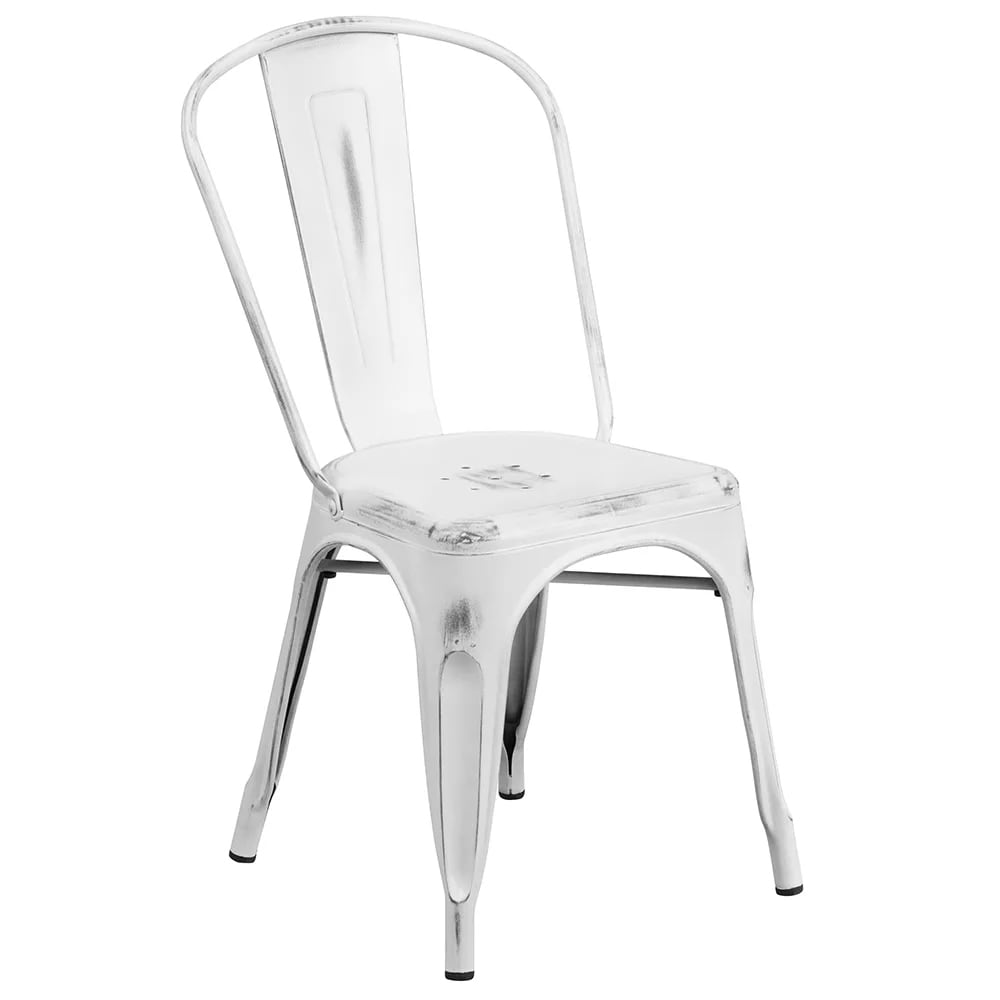 999-M065 Stackable Chair w/ Vertical Slat Back - Distressed White, Indoor/Outdoor