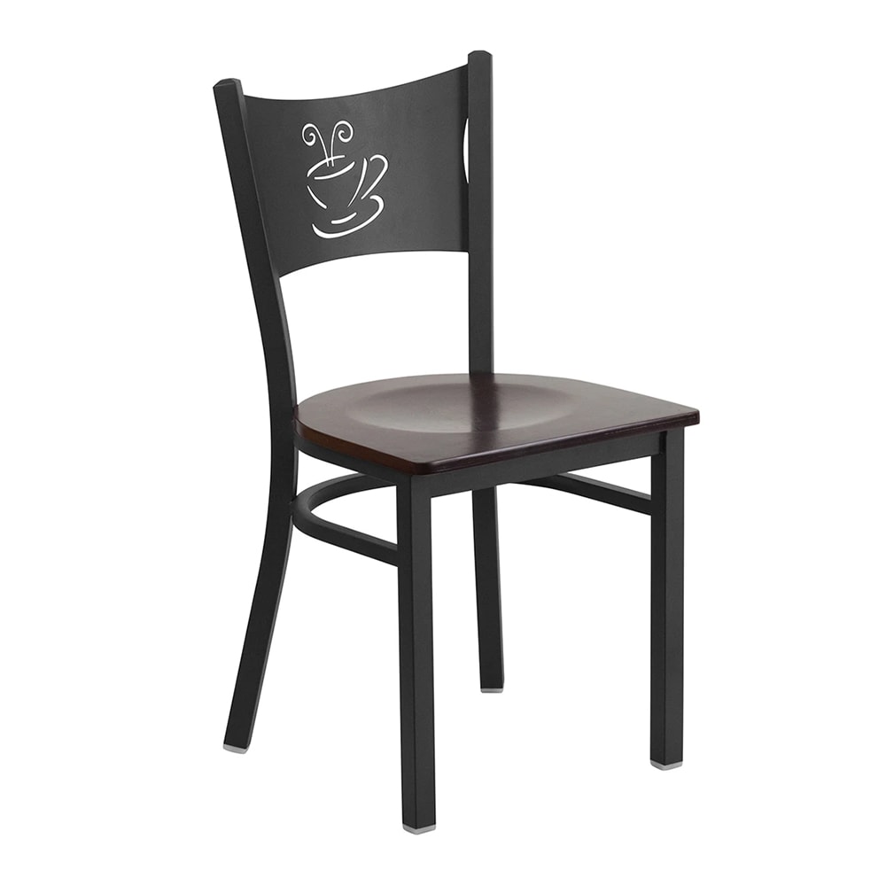 999-M112 Restaurant Chair w/ Coffee Cutout Back & Walnut Wood Seat - Steel Frame, Black