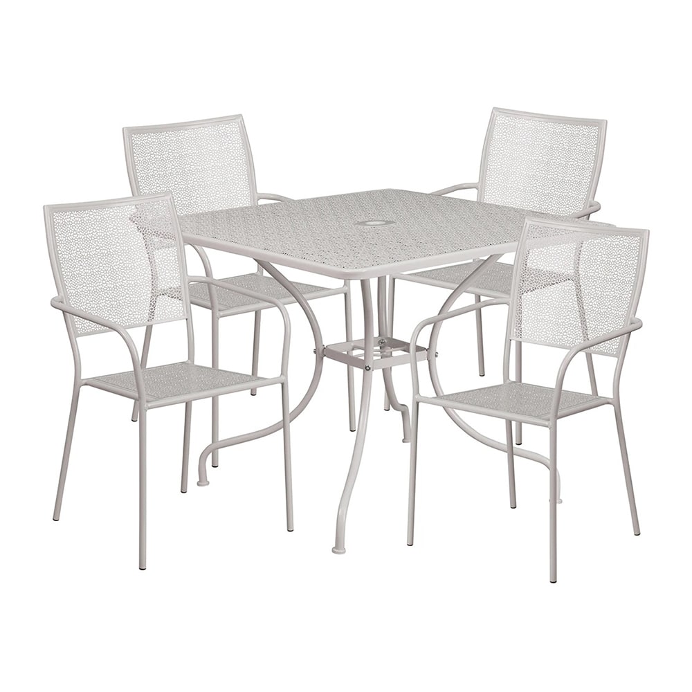 999-M215 35 1/4" Square Patio Table & (4) Square Back Arm Chair Set - Steel, Light Gray