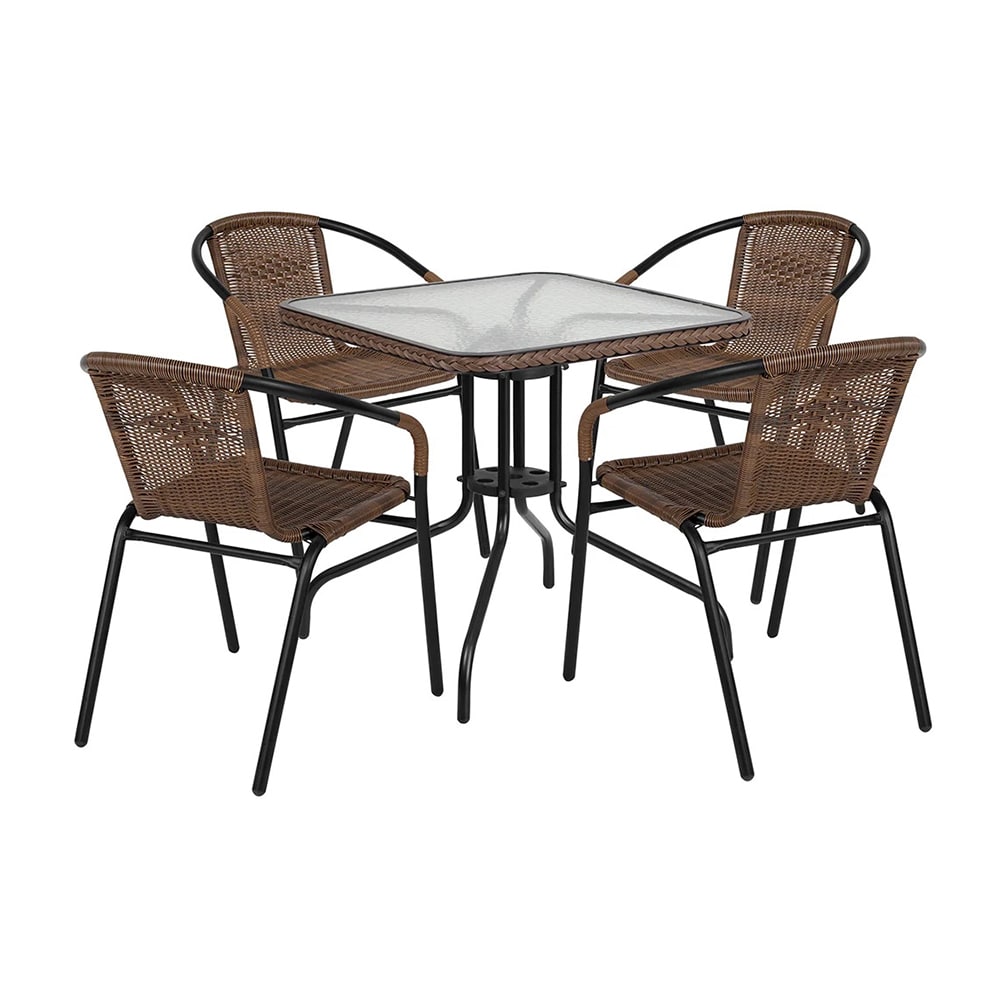 999-M226 28" Square Patio Table & (4) Brown Rattan Arm Chair Set - Glass Top, Black Meta...