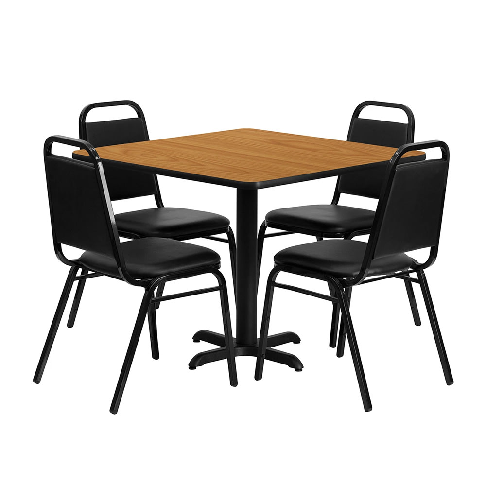 999-M070 36" Square Table & (4) Banquet Chair Set - Natural Laminate Top, Cast Iron Base