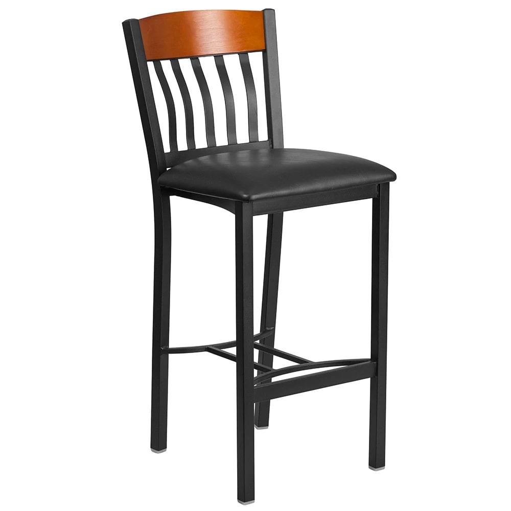 999-M077 Bar Stool w/ Vertical Slat Back & Black Vinyl Seat, Black
