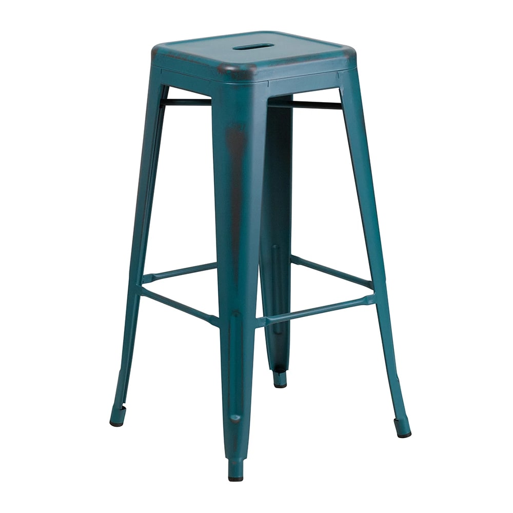 999-M096 Backless Bar Stool w/ Metal Seat, Distressed Kelly Blue