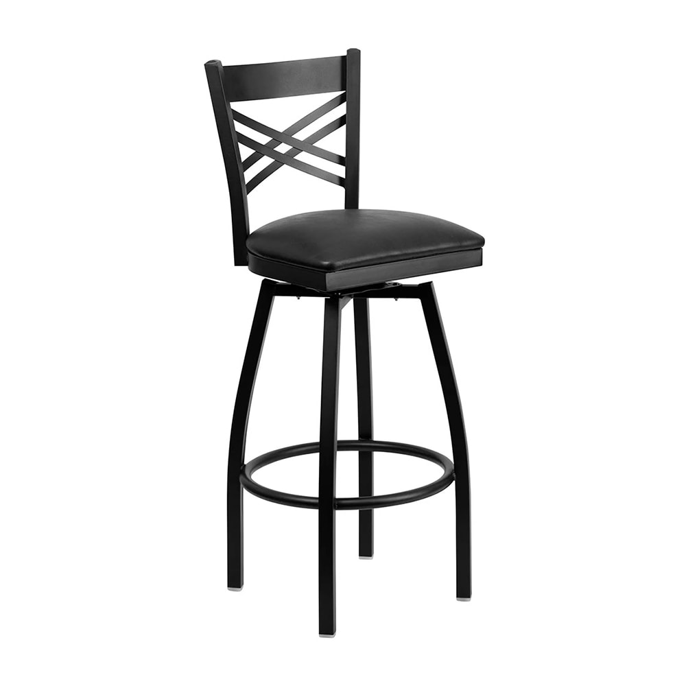 999-M246 Bar Stool w/ Black Powder Coated Steel Cross Back, Black Vinyl Seat